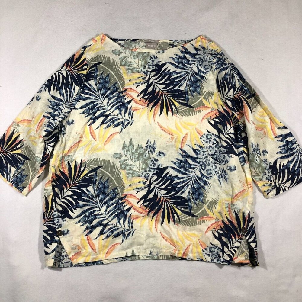 Chico's Top Womens 3 XL 16 Linen Floral Palm Print Beach Multicolor No Iron